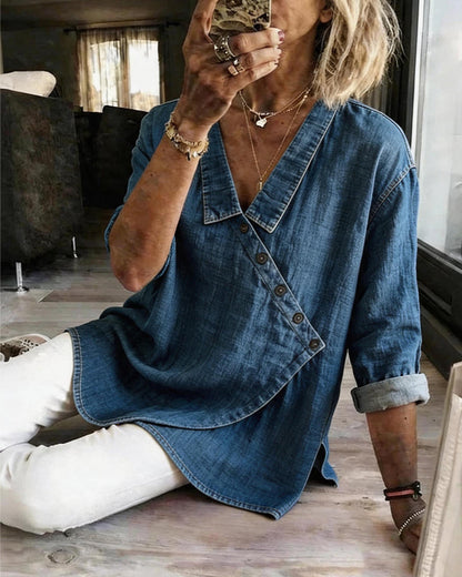 BLUSA LISA BOTÓN DIAGONAL CUELLO MANGA LARGA