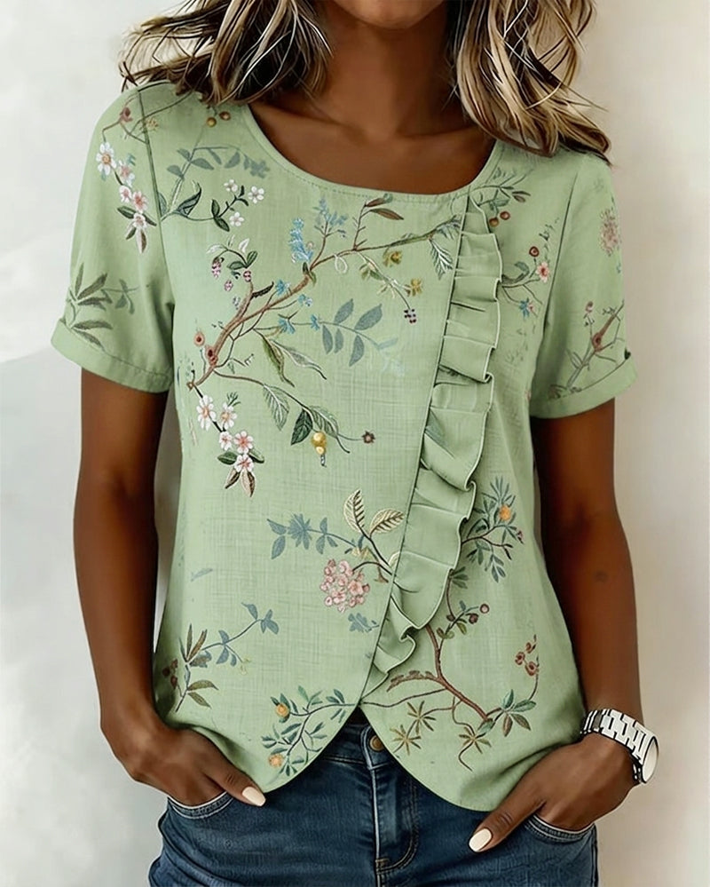 BLUSA CUELLO REDONDO MANGA CORTA CON VOLANTES FLORAL