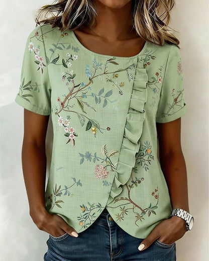 BLUSA CUELLO REDONDO MANGA CORTA CON VOLANTES FLORAL