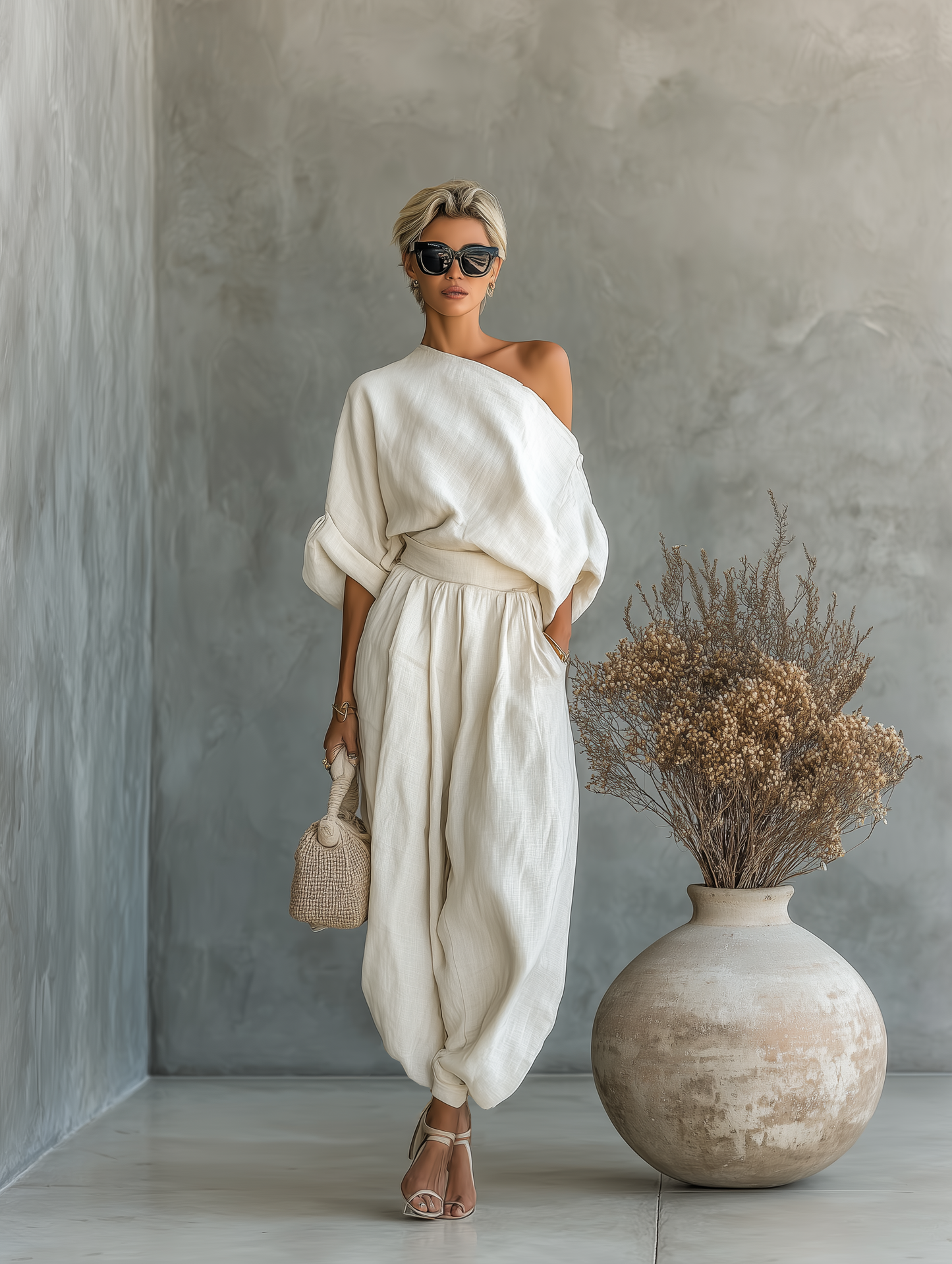 ELSA | CONJUNTO DE LINO BLANCO ROTO CON HOMBROS DESCUBIERTOS Y PANTALÓN