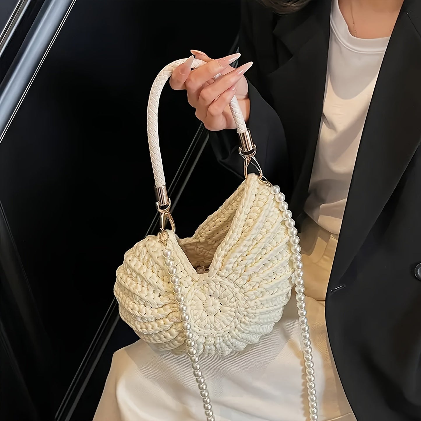 TAMARA | BOLSO GRANDE TRENZADO CON CORREA DE CADENA - BLANCO CREMA