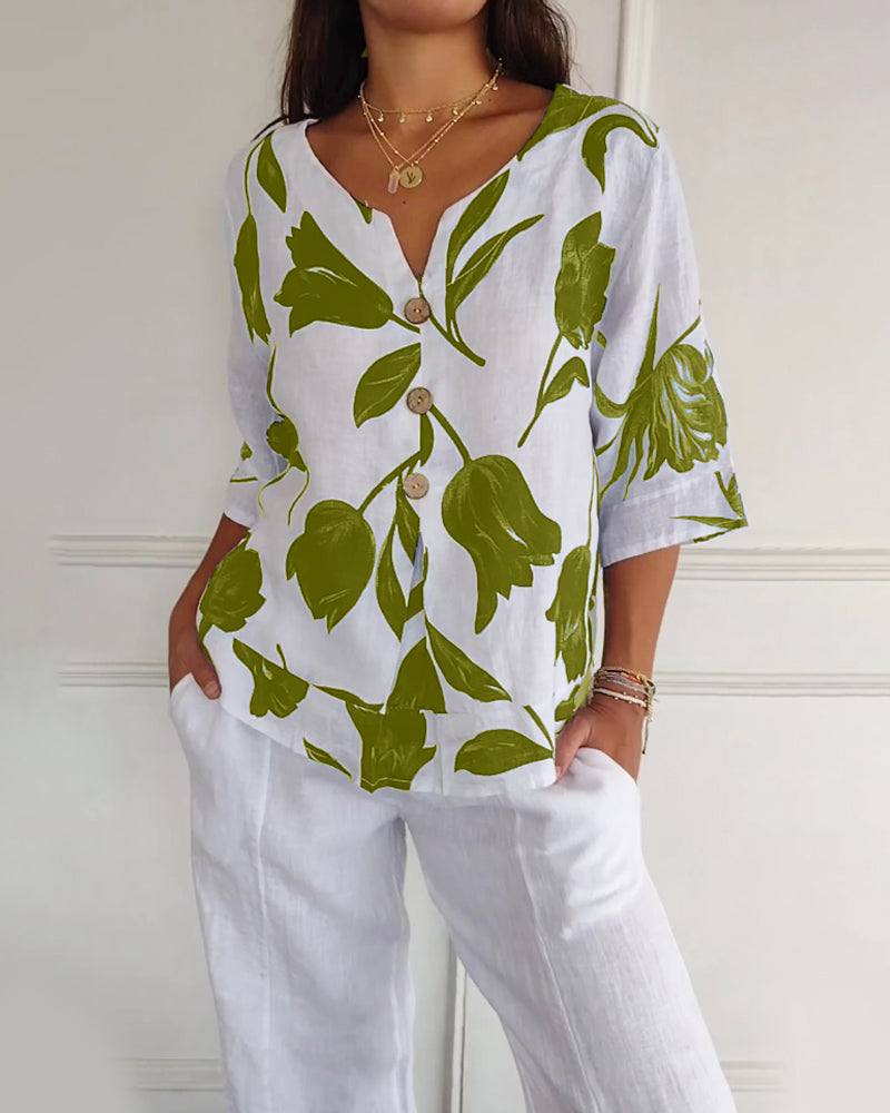 TOP ABOTONADO DE ALGODÓN Y LINO ESTAMPADO FLORAL