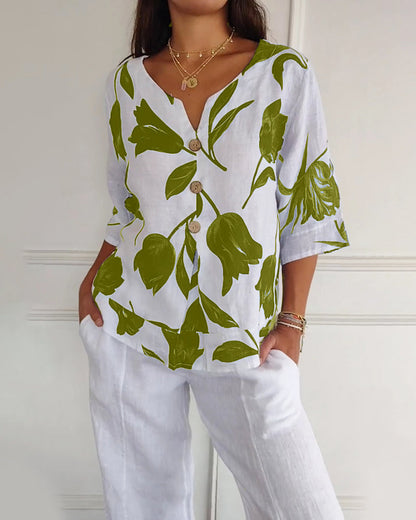 TOP ABOTONADO DE ALGODÓN Y LINO ESTAMPADO FLORAL