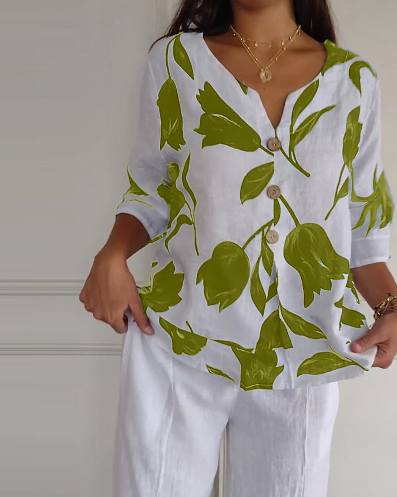 TOP ABOTONADO DE ALGODÓN Y LINO ESTAMPADO FLORAL