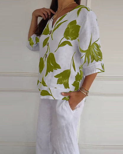 TOP ABOTONADO DE ALGODÓN Y LINO ESTAMPADO FLORAL