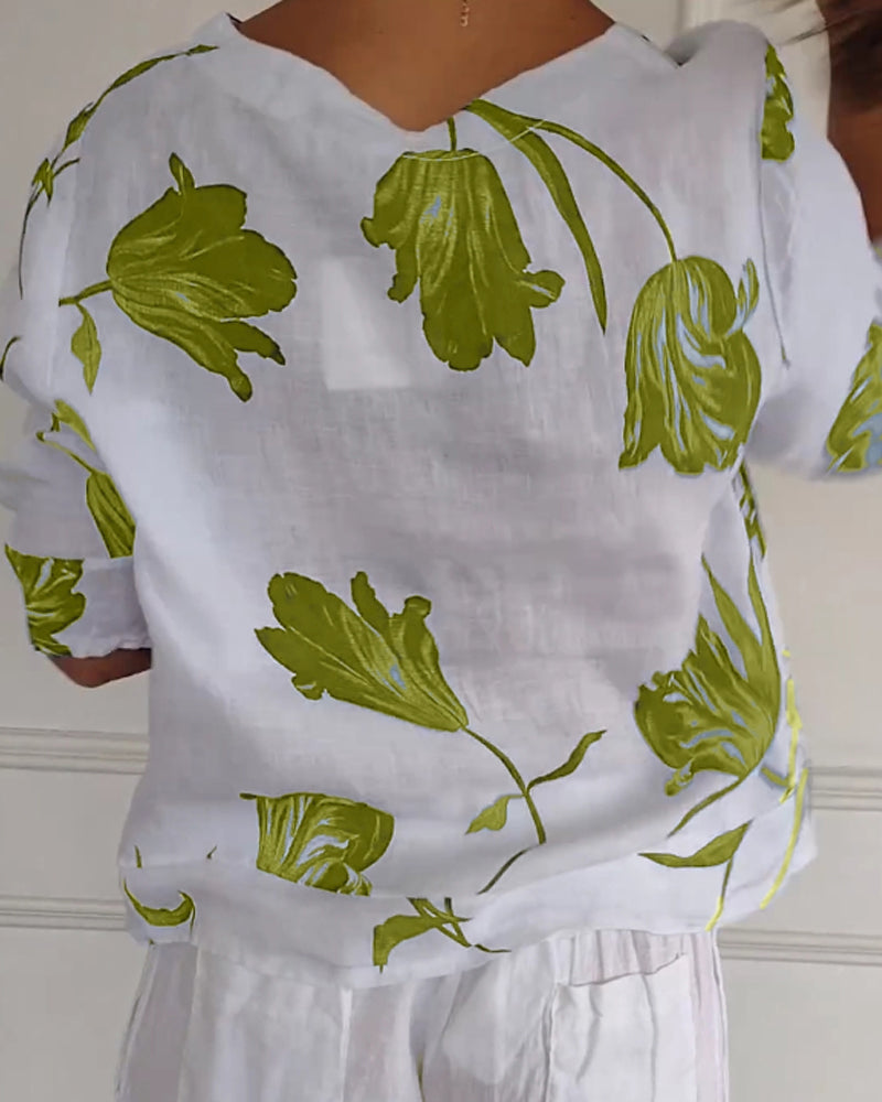 TOP ABOTONADO DE ALGODÓN Y LINO ESTAMPADO FLORAL