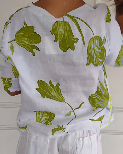 TOP ABOTONADO DE ALGODÓN Y LINO ESTAMPADO FLORAL