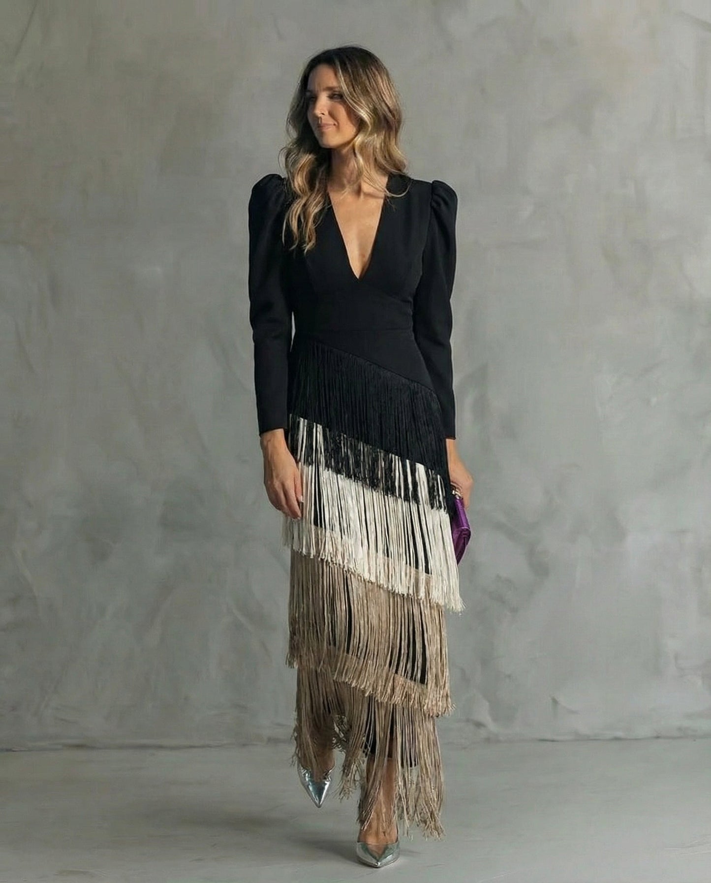 Claire™ | Vestido midi elegante con mangas de flecos