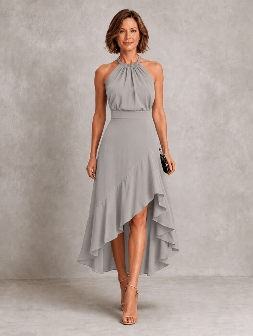 CHLOE | VESTIDO CON CUELLO HALTER Y BAJO DE VOLANTES