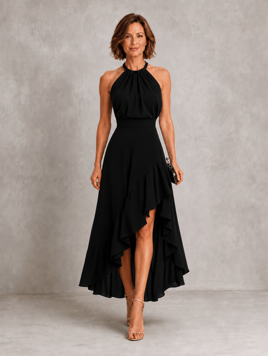 CHLOE | VESTIDO CON CUELLO HALTER Y BAJO DE VOLANTES