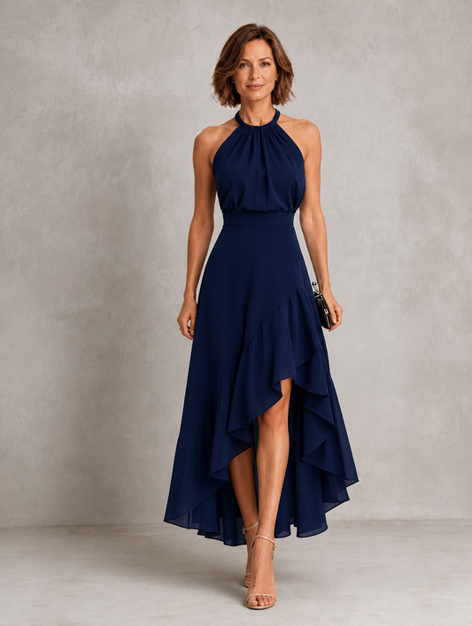 CHLOE | VESTIDO CON CUELLO HALTER Y BAJO DE VOLANTES