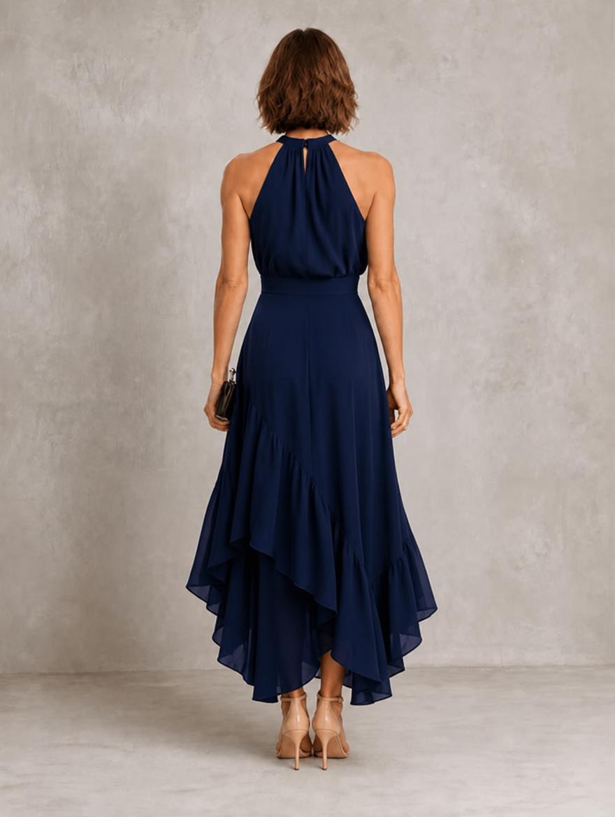 CHLOE | VESTIDO CON CUELLO HALTER Y BAJO DE VOLANTES