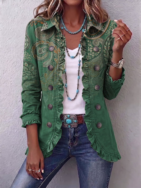 JACINTA | CHAQUETA CACHEMIRA VERDE CON VOLANTES