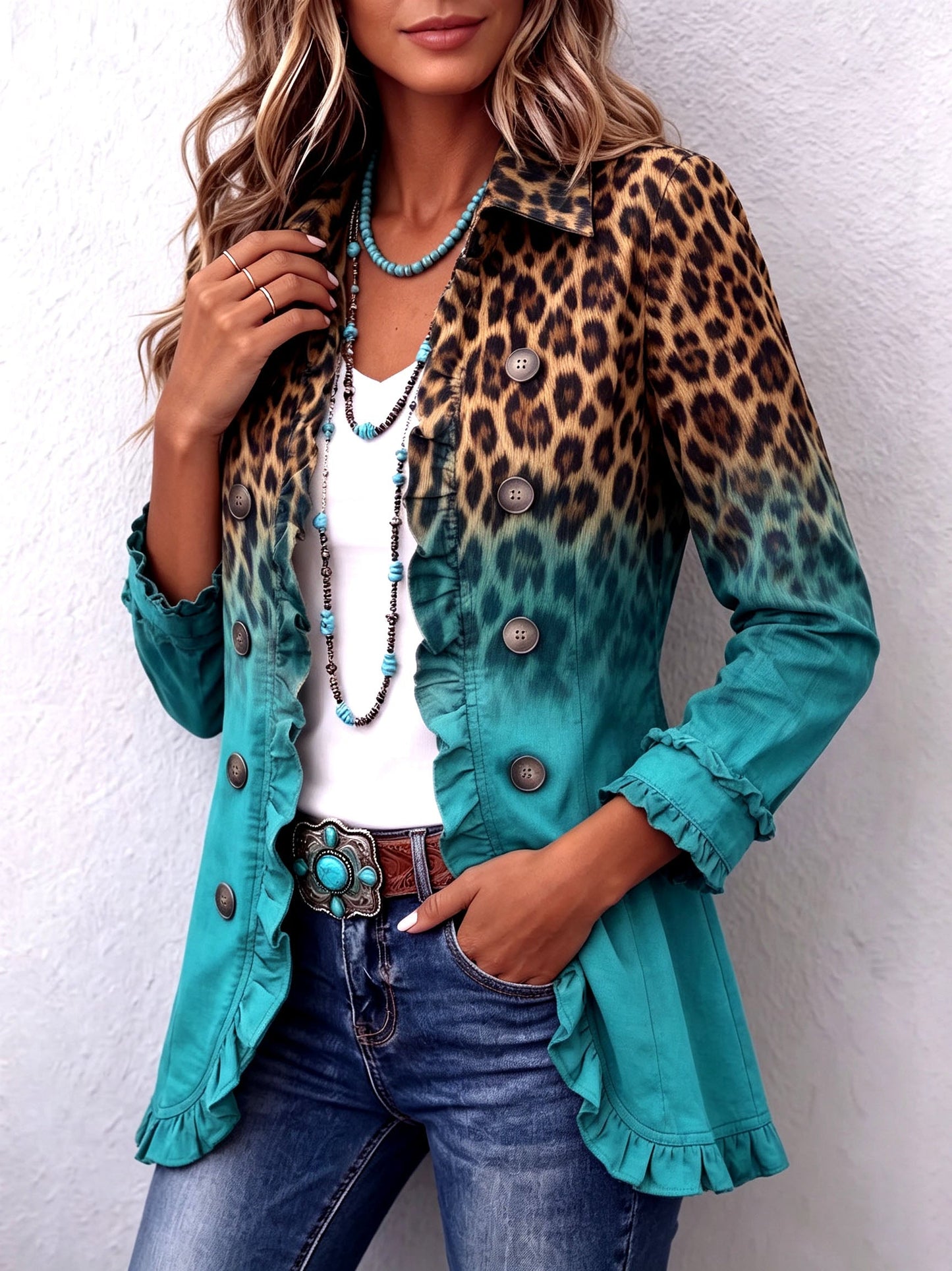 MERCEDES | CHAQUETA BLAZER LEOPARDO DEGRADADO CON VOLANTES