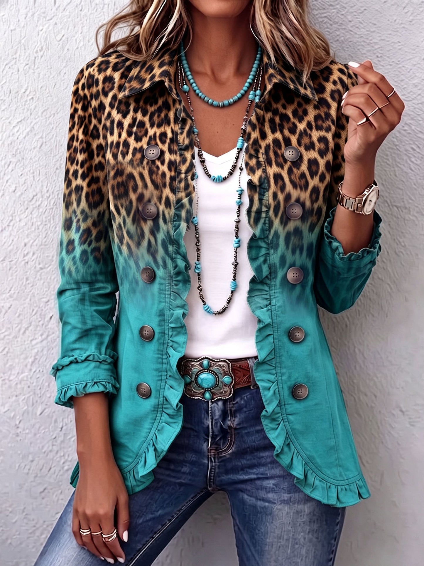 MERCEDES | CHAQUETA BLAZER LEOPARDO DEGRADADO CON VOLANTES