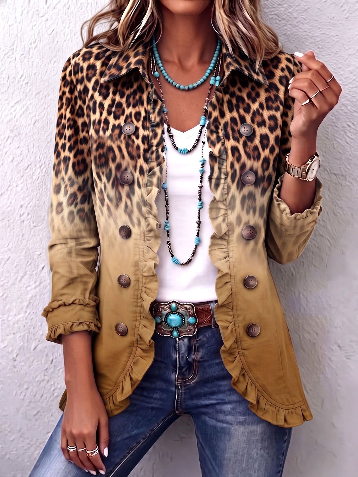 REYES | CHAQUETA BLAZER LEOPARDO OCRE CON VOLANTES
