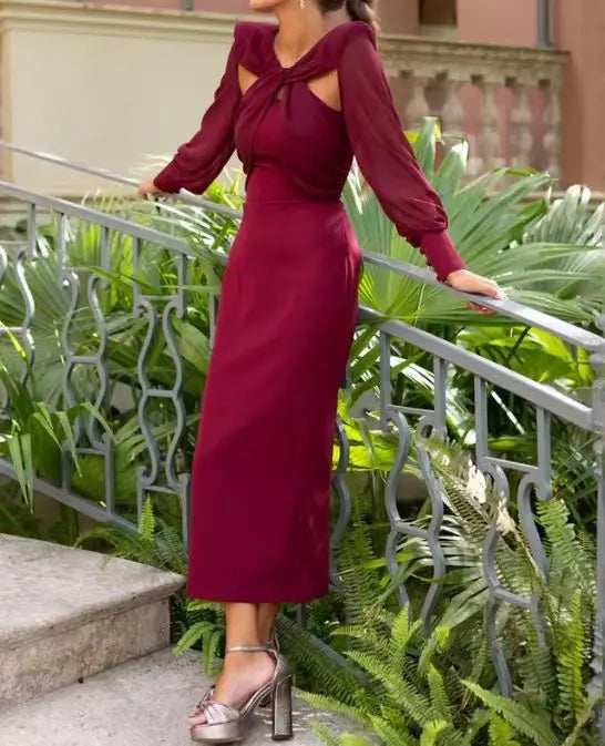 ELENA | VESTIDO LARGO BURDEOS CON DETALLE ANUDADO