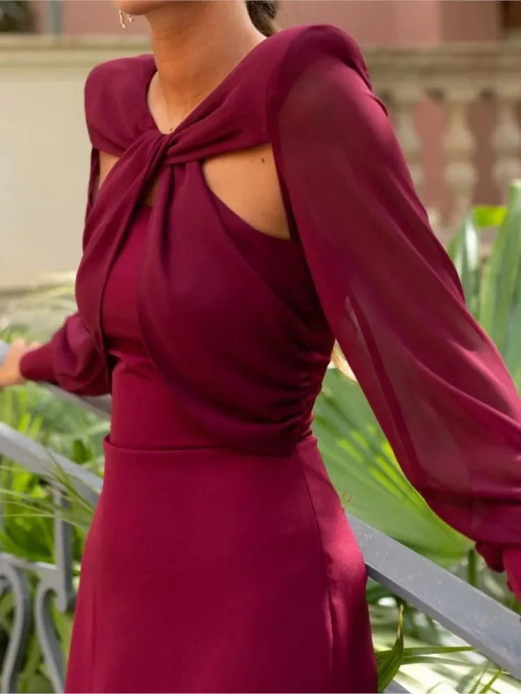 ELENA | VESTIDO LARGO BURDEOS CON DETALLE ANUDADO